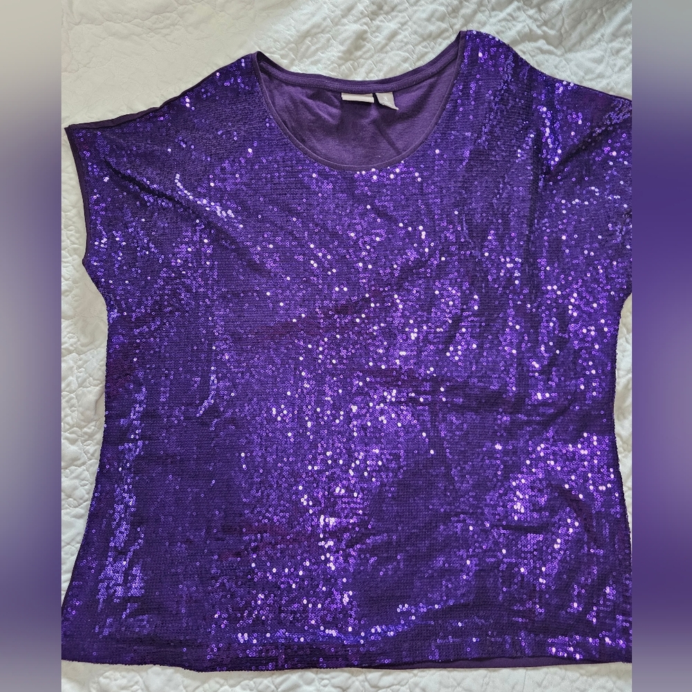 Chico's Purple Sequin Scoop Neck Top Sz 3 XL
